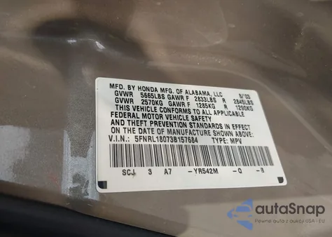2003 Honda Odyssey Ex-L from USA, damaged, VIN 5FNRL18073B157684